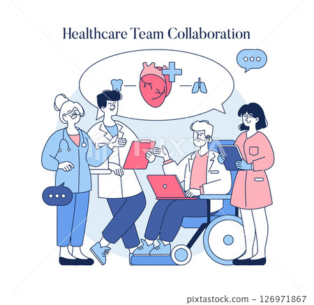 Healthcare professionals collaborating in a medical setting. Team members discuss treatment plans using technology and visuals. This scene emphasizes teamwork and communication in healthcare. Vector Healthcare professionals collaborating in a medical setting. Team members discuss treatment plans using technology and visuals. This scene emphasizes teamwork and communication in healthcare. Vector 126971867
