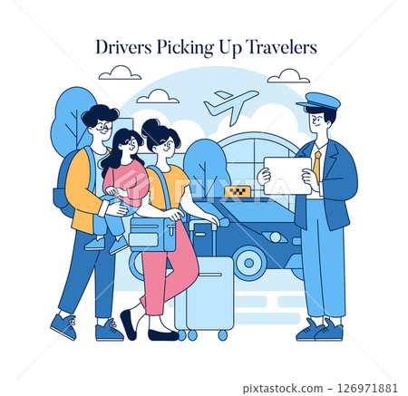 Family travelers engaging in conversation with a friendly driver upon arrival at the modern airport transport area Family travelers engaging in conversation with a friendly driver upon arrival at the modern airport transport area 126971881
