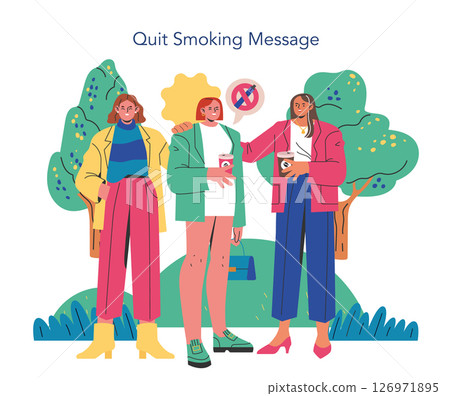 A group of friends shares a moment encouraging a smoke-free lifestyle, conveying a clear quit smoking message. This illustration promotes friendship and support in making healthy choices. Vector A group of friends shares a moment encouraging a smoke-free lifestyle, conveying a clear quit smoking message. This illustration promotes friendship and support in making healthy choices. Vector 126971895