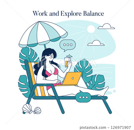 Business travel and remote work balance concept. A relaxed individual is working on a laptop while enjoying a tropical setting, showcasing the blend of work and leisure amidst nature. Business travel and remote work balance concept. A relaxed individual is working on a laptop while enjoying a tropical setting, showcasing the blend of work and leisure amidst nature. 126971907