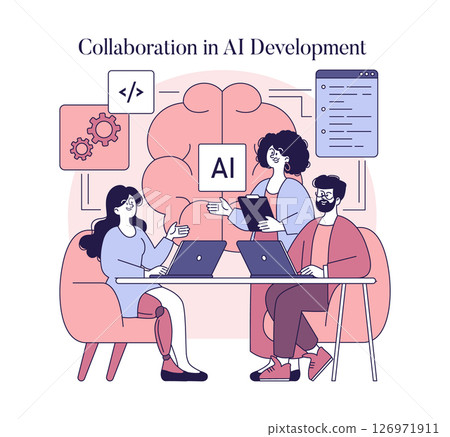Women collaborating in AI development engage in discussions about innovative technology and programming. They share ideas using laptops, showcasing teamwork and creativity in a modern workspace. Women collaborating in AI development engage in discussions about innovative technology and programming. They share ideas using laptops, showcasing teamwork and creativity in a modern workspace. 126971911