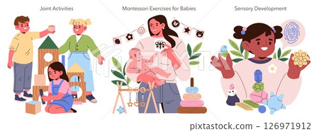 Vector illustration depicting activities enhancing children's development. Includes group play with blocks, sensory activities, and a mother engaging a baby in Montessori exercises. Vector illustration depicting activities enhancing children's development. Includes group play with blocks, sensory activities, and a mother engaging a baby in Montessori exercises. 126971912