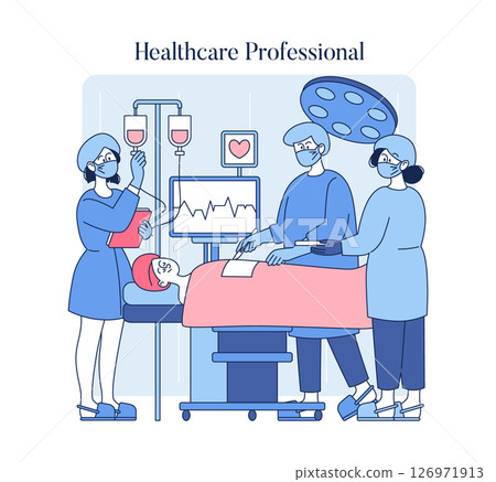 Healthcare professionals collaborating in a surgical setting. The team is engaged in patient care, utilizing medical equipment and ensuring a safe environment. Communication and teamwork are key. 126971913