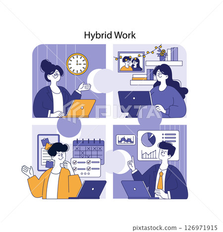 Hybrid Work illustration demonstrates a modern workspace featuring diverse individuals engaging in various remote and in-office tasks. It highlights flexibility, technology, and collaboration in today 126971915