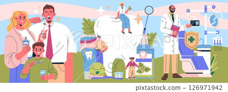 Vector illustration of a family practicing dental hygiene at home, featuring toothbrushes and mouthwash, alongside a professional dentist providing care with dental tools. 126971942