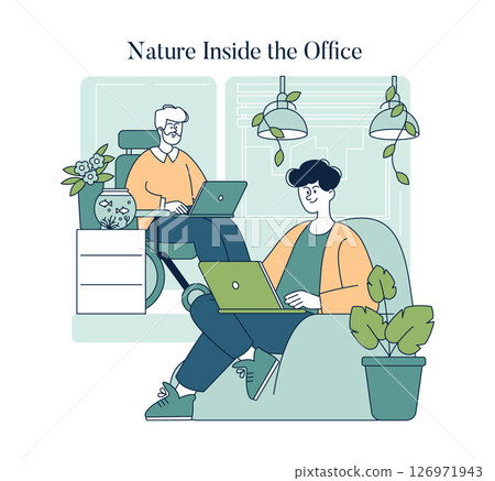 This illustration showcases a modern office environment that integrates nature, featuring two individuals working on laptops amid plants. It highlights the importance of greenery for productivity and This illustration showcases a modern office environment that integrates nature, featuring two individuals working on laptops amid plants. It highlights the importance of greenery for productivity and 126971943