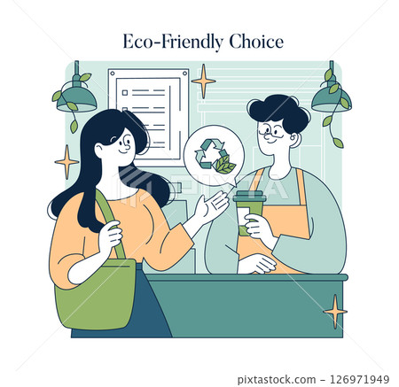 An engaging, vibrant illustration that showcases various ecofriendly choices within a lively cafe environment An engaging, vibrant illustration that showcases various ecofriendly choices within a lively cafe environment 126971949