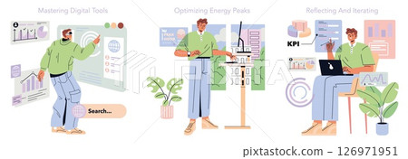 Tomorrow Work set. Workplace innovation, automation, digital tool adoption, data tracking, energy use optimization, and progress review seen in modern office. Vector illustration. 126971951