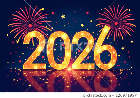 Gold inflated numbers 2026 on a blue background with fireworks Gold inflated numbers 2026 on a blue background with fireworks 126971957