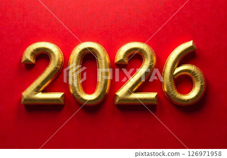 Gold inflated numbers 2026 on red background Gold inflated numbers 2026 on red background 126971958