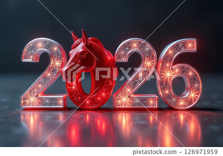 Banner with shiny diamond silver numbers 2026 with glass red horse head 126971959