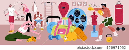 A vibrant and detailed illustration showcasing a variety of fitness activities and gym equipment in a lively setting A vibrant and detailed illustration showcasing a variety of fitness activities and gym equipment in a lively setting 126971962