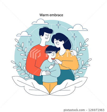Family togetherness concept. Illustration of a happy family sharing a warm embrace surrounded by nature elements. Love, support, and unity theme. Vector illustration. 126971963