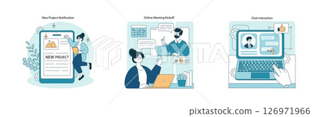 Vector illustration depicting a new project notification on a digital device, online meeting kickoff with two people engaged in discussion, and chat interaction on a laptop screen. 126971966