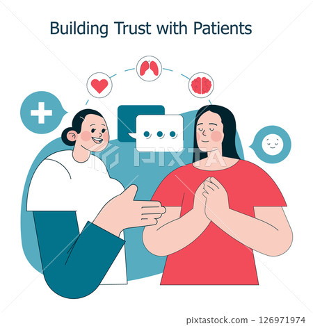 This illustration emphasizes the importance of building trust between healthcare professionals and patients. It highlights effective communication, empathy, and understanding during medical This illustration emphasizes the importance of building trust between healthcare professionals and patients. It highlights effective communication, empathy, and understanding during medical 126971974