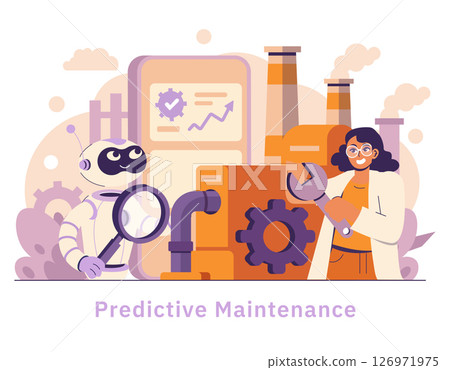 AI in industry focuses on predictive maintenance, showcasing a robot inspecting machines with a technician. This integration improves efficiency, reduces downtime, and enhances operational safety in AI in industry focuses on predictive maintenance, showcasing a robot inspecting machines with a technician. This integration improves efficiency, reduces downtime, and enhances operational safety in 126971975