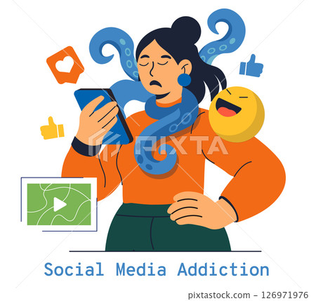 Brain Rot concept. This illustration captures the essence of social media addiction and its overwhelming influence on users. It depicts a person entangled in digital distractions, showcasing mind 126971976