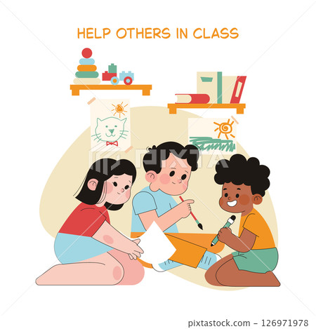 Children engaged in collaborative activities in a classroom setting, showcasing teamwork and support. They actively help each other with drawings, emphasizing the importance of friendship and Children engaged in collaborative activities in a classroom setting, showcasing teamwork and support. They actively help each other with drawings, emphasizing the importance of friendship and 126971978