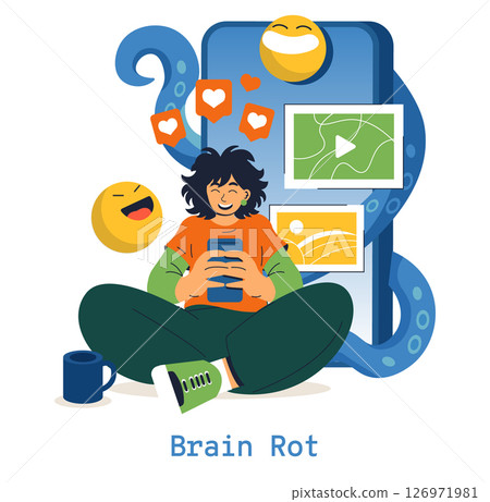 The illustration portrays a person immersed in their smartphone, surrounded by emojis and images, depicting the concept of brain rot due to excessive screen time and digital distraction. 126971981