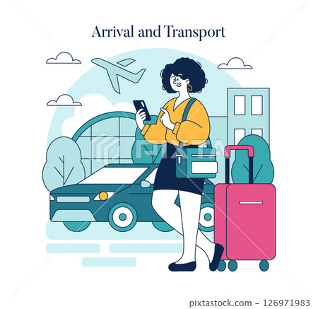 Business travel scene depicting a traveler arriving at a destination with luggage. The traveler is checking their phone while waiting for transport, blending modern technology with travel essentials Business travel scene depicting a traveler arriving at a destination with luggage. The traveler is checking their phone while waiting for transport, blending modern technology with travel essentials 126971983