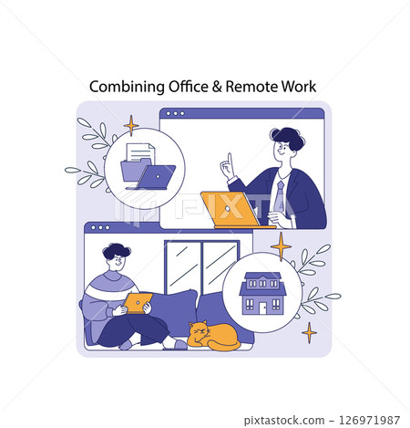 Hybrid work model representation featuring a professional engaged in a video call while a relaxed individual works from home. Emphasizes flexibility and balance between office and remote settings. Hybrid work model representation featuring a professional engaged in a video call while a relaxed individual works from home. Emphasizes flexibility and balance between office and remote settings. 126971987