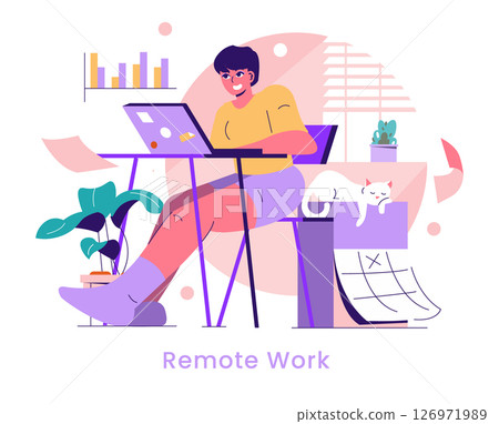 Remote work concept illustration depicting a young person comfortably working from home with their pet nearby. 126971989