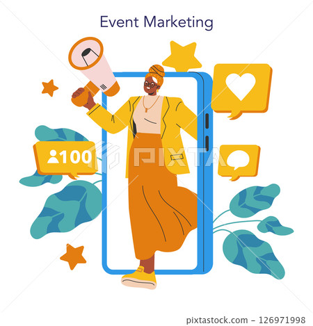 Event marketing illustration highlighting a confident individual using a megaphone to promote engagement. Visualizes social media interaction and community building for successful events. Vector Event marketing illustration highlighting a confident individual using a megaphone to promote engagement. Visualizes social media interaction and community building for successful events. Vector 126971998