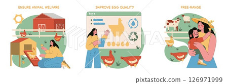 Egg Farm Illustration portrays sustainable farming practices. Emphasizing animal welfare and egg quality improvement, it illustrates a harmonious environment for both hens and farmers to thrive 126971999