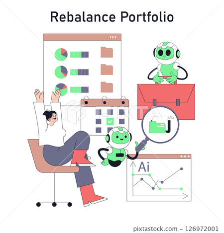 Robot adviser assists in portfolio rebalancing, featuring charts, organized files, and a user celebrating. Highlights the integration of AI in financial management for enhanced decision-making. 126972001