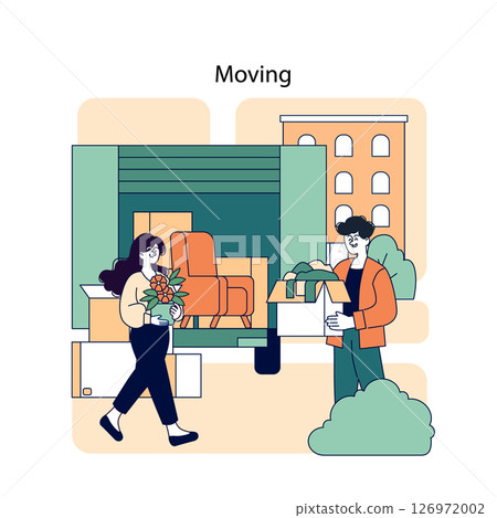 "Moving concept illustration. A man and a woman relocating with boxes and a plant, capturing the process of a new beginning in an urban setting." 126972002