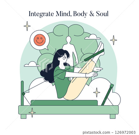 Pilates practice emphasizing the connection between mind, body, and soul. The illustration shows a person exercising on a reformer, promoting physical and mental wellness. Ideal for fitness and 126972003