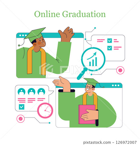 Online graduation celebration in a digital environment. Students engage with virtual interfaces showing progress and achievements. A blend of technology and education fosters motivation and connection Online graduation celebration in a digital environment. Students engage with virtual interfaces showing progress and achievements. A blend of technology and education fosters motivation and connection 126972007