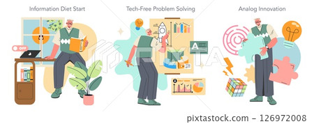 Digital Detox series. Elderly man engaging in activities like reading and using analog tools instead of digital devices, promoting mental health and creativity. 126972008