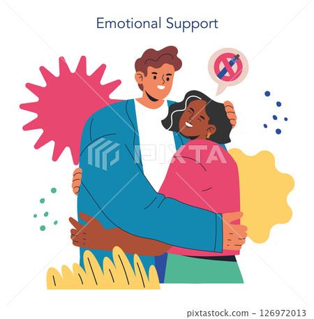 Stop smoking journey. Individuals embracing while symbolically rejecting smoking. A message of support and encouragement in overcoming challenges associated with quitting smoking. Vector illustration. 126972013
