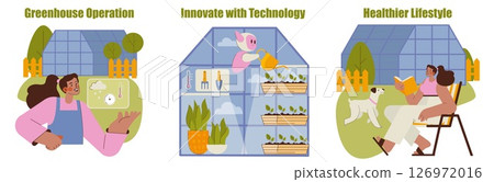 Horticulture set. Greenhouse operation, modern technology use and focus on healthier lifestyles. People manage plants, use gardening tools, relax outdoors and care for well-being. Vector illustration. Horticulture set. Greenhouse operation, modern technology use and focus on healthier lifestyles. People manage plants, use gardening tools, relax outdoors and care for well-being. Vector illustration. 126972016