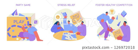 Vector illustration shows three scenes of people enjoying party games, fostering healthy competition. Highlights enjoyment, teamwork, and relaxation. Ideal for stress relief contexts. Vector illustration shows three scenes of people enjoying party games, fostering healthy competition. Highlights enjoyment, teamwork, and relaxation. Ideal for stress relief contexts. 126972018