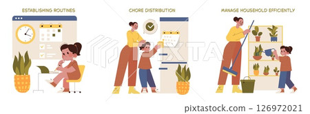 Vector illustration of a family managing household tasks. Scenes include establishing routines with a calendar, distributing chores, and effectively managing daily activities. 126972021