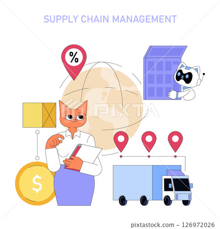 AI enhances supply chain management in global business. The illustration features a character analyzing logistics, automated processes, and financial elements, showcasing efficiency and modernity 126972026