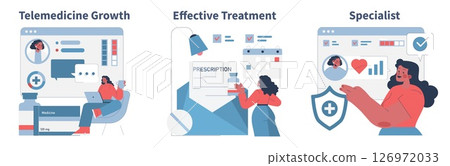 Vector illustration highlighting telemedicine growth, effective treatment methods, and specialist consultation. Includes digital prescription analysis and online interaction tools. Vector illustration highlighting telemedicine growth, effective treatment methods, and specialist consultation. Includes digital prescription analysis and online interaction tools. 126972033