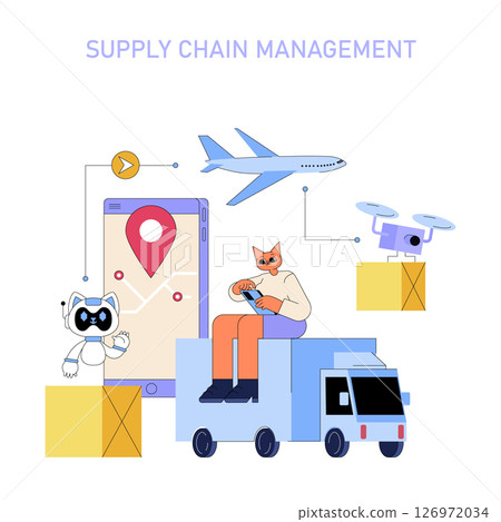 AI in medium-sized business processes enhances supply chain management through automation. Key elements include tracking, logistics, and delivery efficiency using smart technologies. Vector 126972034