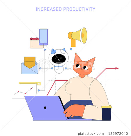 AI boosts mid-sized business productivity through enhanced digital tools, symbolized by an anthropomorphic cat using a laptop with various tech icons around. 126972040