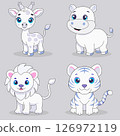 Charming collection of cartoon animal cubs in delicate blue and purple colors: tiger cub, giraffe cub, hippo, lion cub. Prints for children's clothes, stickers and decor for babies, design of developm 126972119
