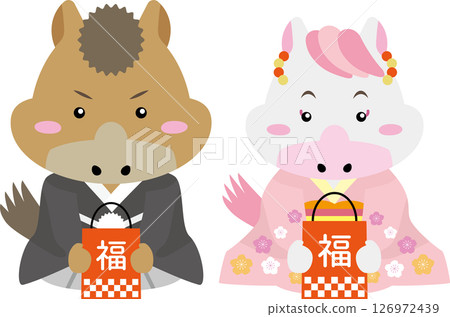 與身著和服、手捧福袋的馬兒一起慶祝 2026 年新年 126972439