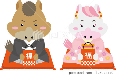 與身著和服、手捧福袋的馬兒一起慶祝 2026 年新年 126972440