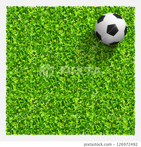 Soccer ball on green grass field. Top views of soccer ball on green grass of soccer field background with green lawn pattern and texture. Vector illustration. Soccer ball on green grass field. Top views of soccer ball on green grass of soccer field background with green lawn pattern and texture. Vector illustration. 126972492