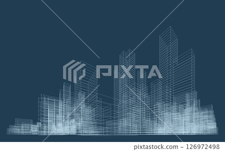 3D wireframe perspective of building. Abstract wireframe city background for template design. Vector illustration. 126972498