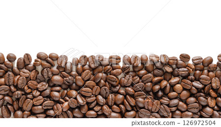 Many roasted coffee beans on white background. Coffee beans border with area for copy space. Close up images. Many roasted coffee beans on white background. Coffee beans border with area for copy space. Close up images. 126972504