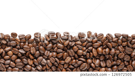 Many roasted coffee beans on white background. Coffee beans border with area for copy space. Close up images. Many roasted coffee beans on white background. Coffee beans border with area for copy space. Close up images. 126972505