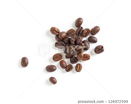 Brown roasted coffee beans seeds. Isolated of coffee bean on white background. Close up image. 126972509