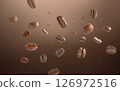 Roasted coffee beans levitate with dark background. Coffee beans flying and falling use for background. Close up image. 126972516